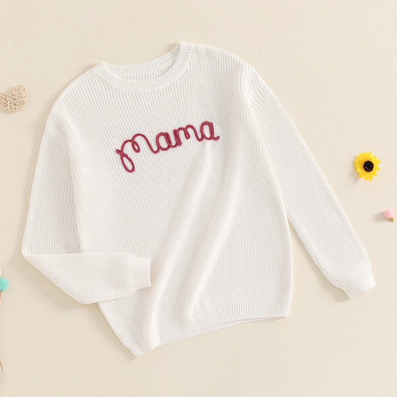 Suefunskry Family Matching Sweaters 1PC Mommy and Me Letter Embroidery Knitwear Long Sleeve Round Neck Warm Pullover Tops 4