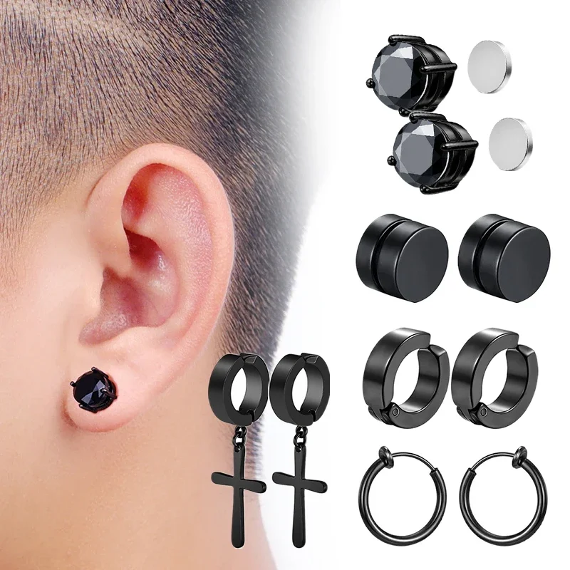 Ear Clip Earrings 10 Pair Magnetic Stainless Steel Fake Ear Hoops For Men and Women