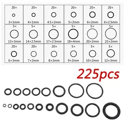 Comprehensive 225-Piece Oil-Resistant Waterproof Rubber O-Ring Gasket Assortment Kit (Black 225x)
