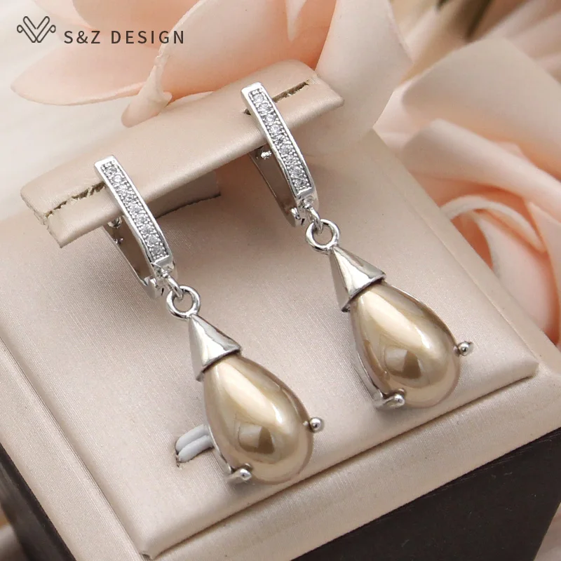 S&Z DESIGN New Fashion Vintage Water Drop Simulated-pearl Dangle Earrings For Women Wedding 585 Rose Gold Color Jewelry Gift