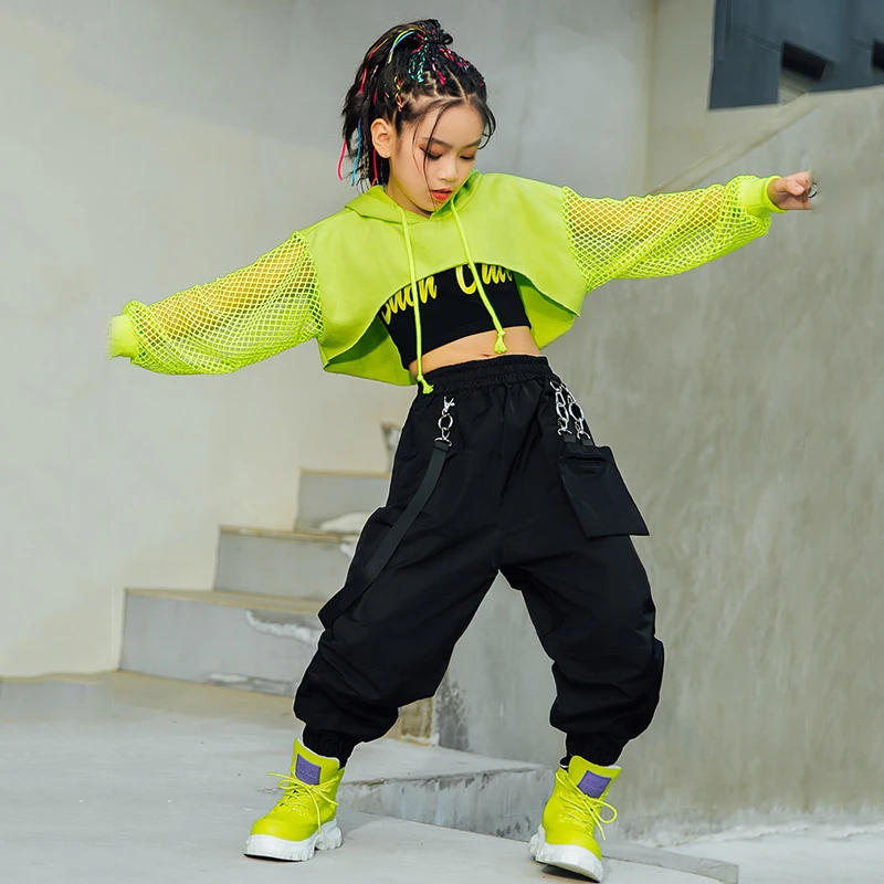 Hip Hop Pants For Kids Performance Modern Dancing Clothes Jazz Costume Hip Hop Girls Clothing Green Tops Net Sleeve Black