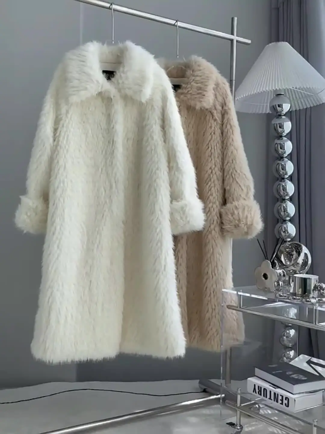 2022 Winter Lapel Collar Hairy Shaggy Faux Fox Fur Coat Ivory