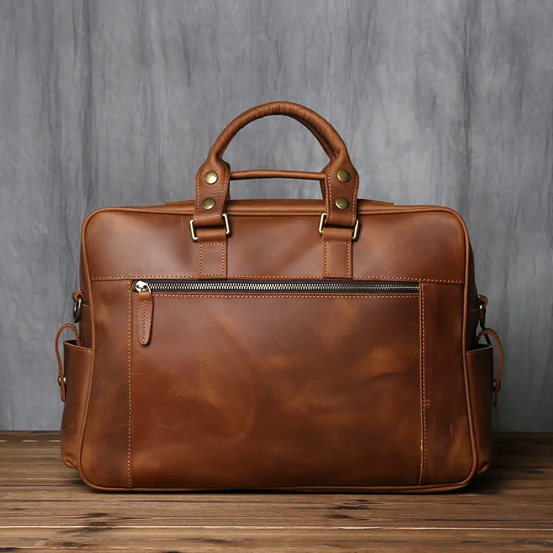 Retro Men's Leather Handbag Top Layer Cowhide Briefcase Large Capacity Travel Bag Crazy Horse Leather Laptop Shoulder Bag NZPJ