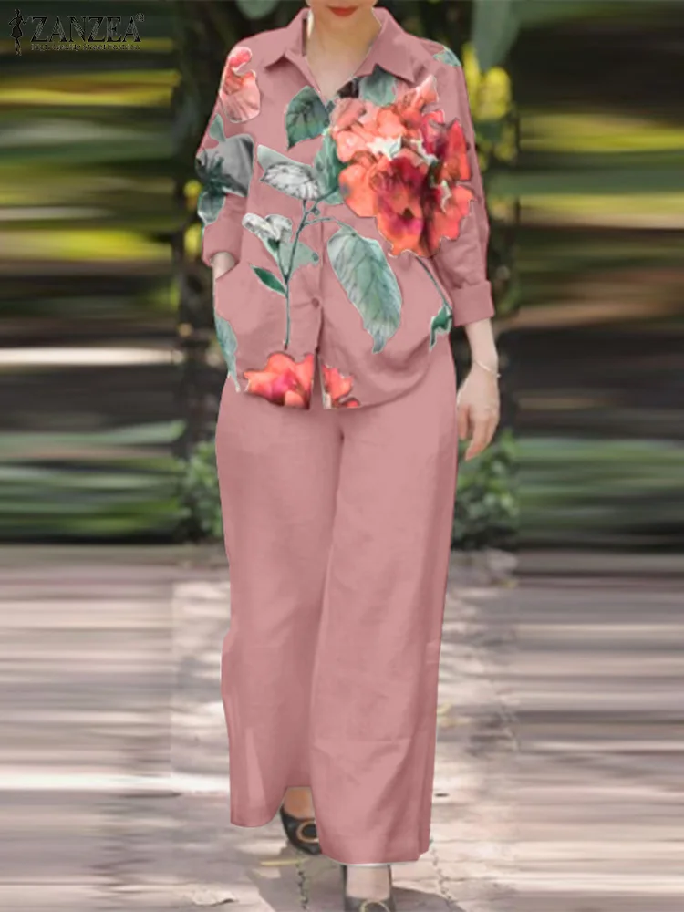 

Костюм спортивный ZANZEA женский с цветочным принтом, Модный повседневный костюм с брюками, рубашка с длинным рукавом и широкие штаны, комплект из 2 предметов