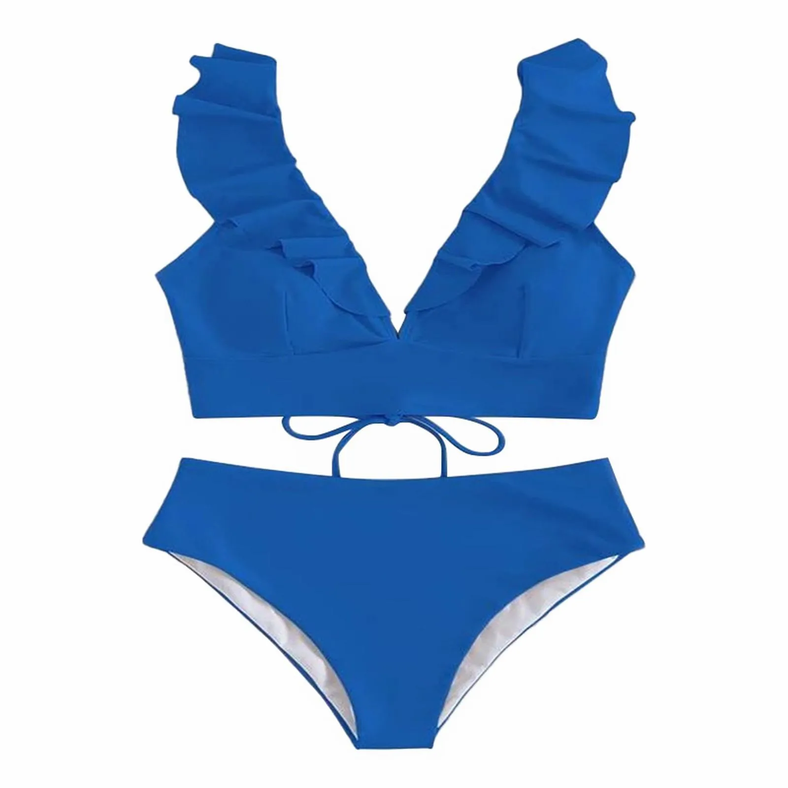 

Bikini Top Bra Style Women Bikini Set Split Swimsuit Ruffle V Neck Back Tie Floral Mid Waisted Bottom Swimwear 3piece Swimsuit