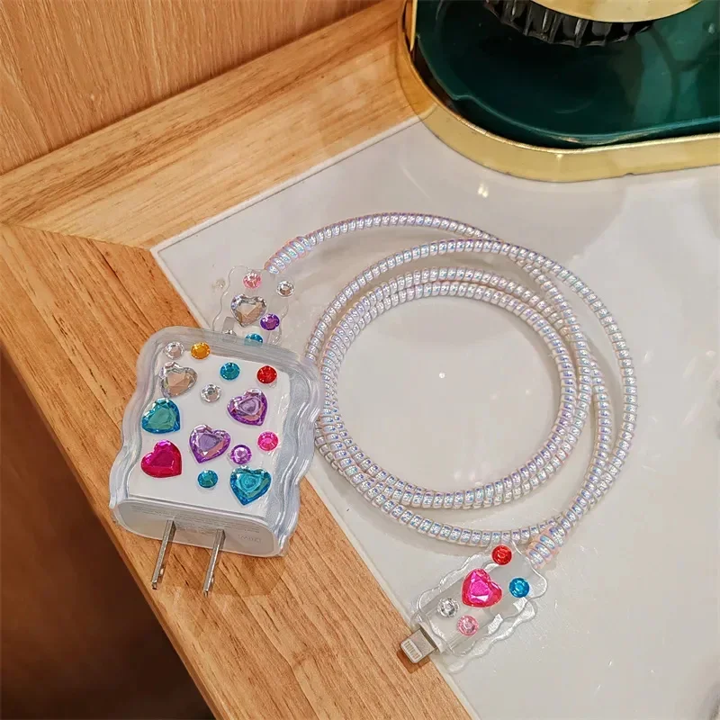Korea Luxury Color Love Heart Diamond Charger Cover For IPhone 13 14 15 18 20W Cute Charge Protection Cover Charger Sleeve