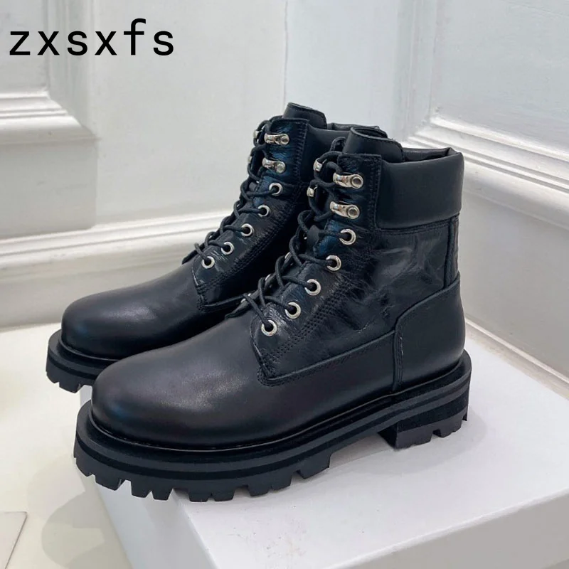 

New Real Leather Platform Ankle Boots For Women Thick Sole Lace Up Chelsea Boots Ladies Casual Brand Shoes Autumn Women Boots