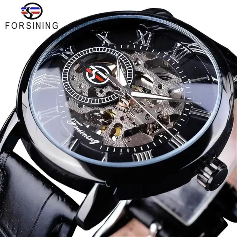 

Forsining 99S Luxury Automatic Classic Transparent Mechanical Leather Strap Golden Bridge Skeleton hot selling Men Watch Clock