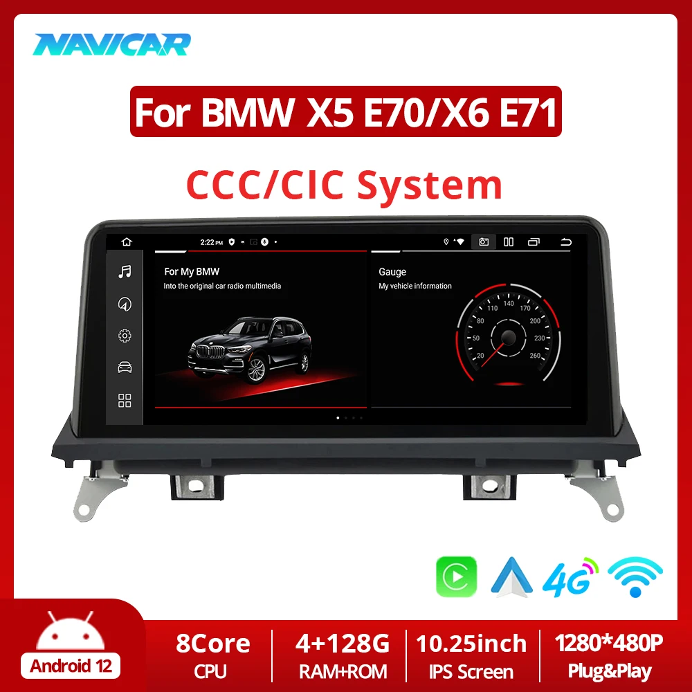 

NAVICAR 10.25'' Android 12 Car Carplay Radio Multimedia Player For BMW X5 E70 X6 E71 2007-2013 CCC/CIC System Display Screen BT
