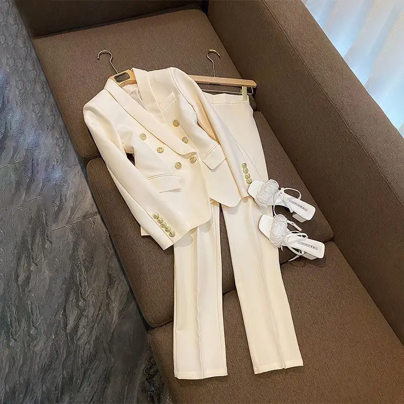 

Women Elegant Office Suit Blazer Jacket Coat Top And Pant Two Piece Set Casual Outfit Ladies Work Prom Party Black White Clothes