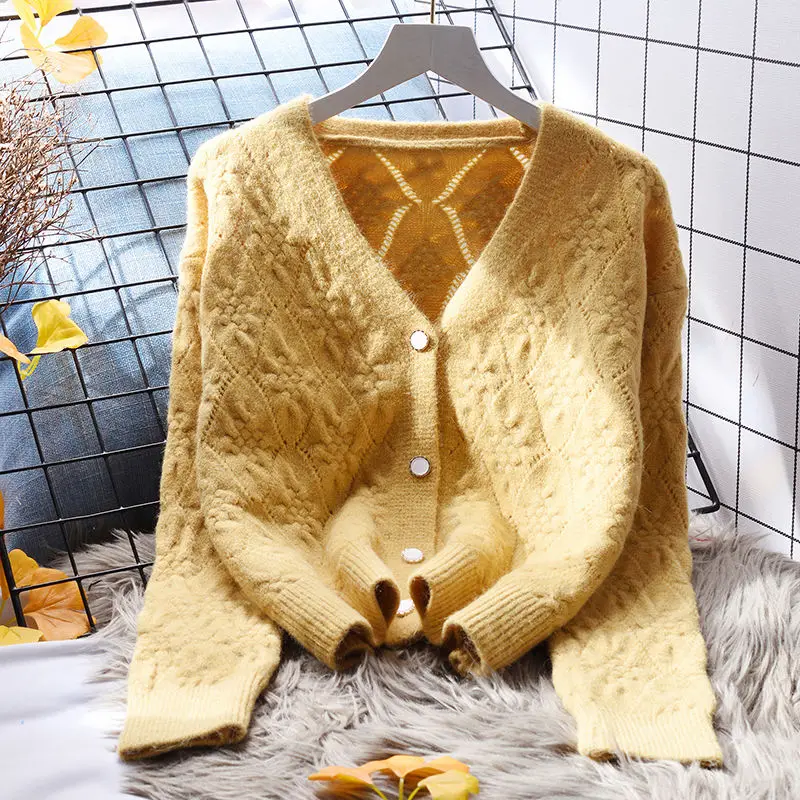 

Короткий свитер с v-образным вырезом, пальто для женщин, Свободный кардиган, весна, корейский жареное тесто, скрученный, мягкий вязаный кардиган, свитер для женщин