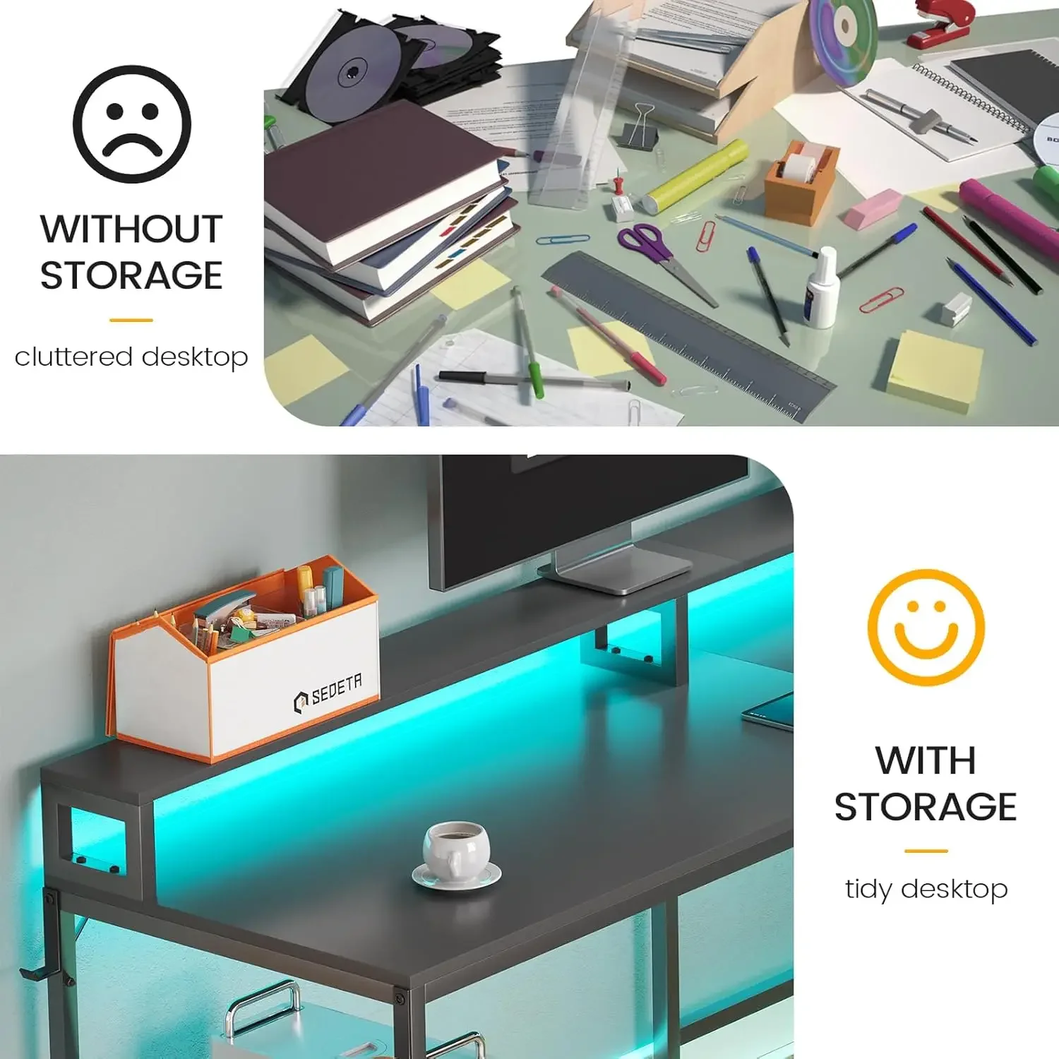 SEDETA L Shaped 66" Home Office Desk File Drawer Power Outlet Corner Computer Desk with Monitor Shelf Printer Storage Shelves 4