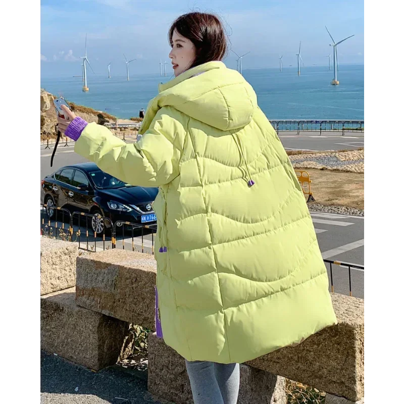 Macaron Color Down Jackets Hooded Women Husky Ladies Coats Mid-length 2023 Plus Size White Duck Loose Cargo Black Green Parkas