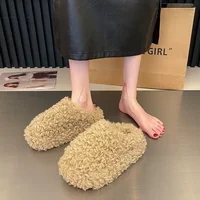 Thick Heel Luxury Lambwool Mules  Winter Shoes Woman Flip Flops Flat Cover Toe Slides Ins Warm Curly Lamb Fur Slippers Women - Image 3