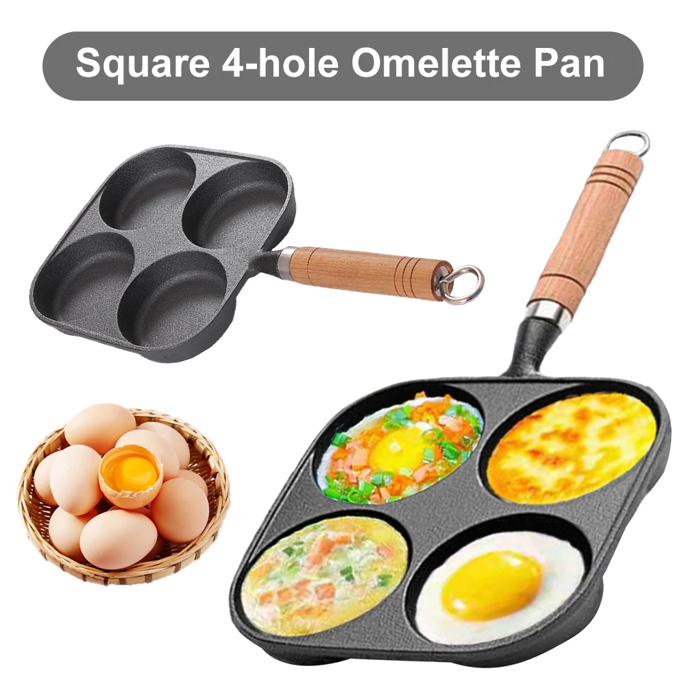4 Hole Omelet Pan Egg Frying Pan Nonstick Divided Egg Omelet Wooden Handle Pancake for Gas Stove and Induction Cooker