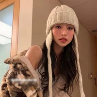 2023 Korea Ins Long Tied Rope Beanies  Hat with Earflaps Japanese Outdoor  Warm Winter Hat for Women Streetwear  Party Funny Hat 1