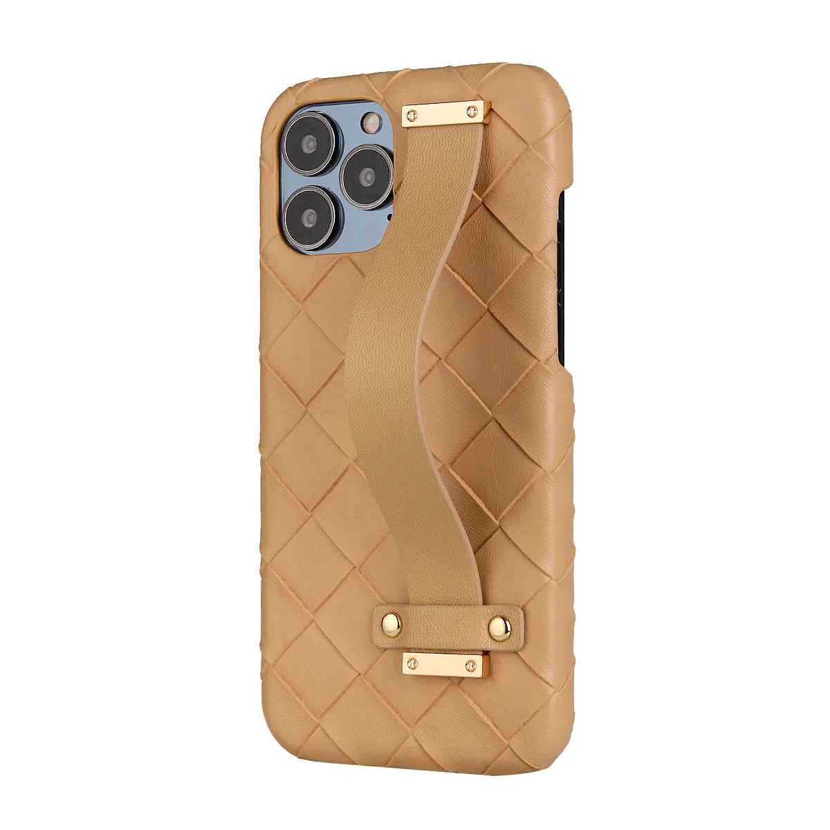 

For iPhone 13 11 12 Pro Max XR X XS Max With Holder Phone Cover Braided Weave Heat Dissipation Wrist Strap Leather Phone Case