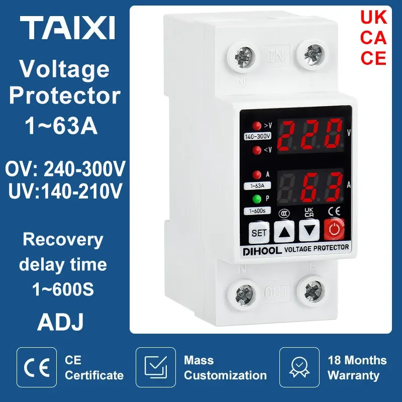 Din Rail Adjustable Voltage Protector, Over Under Voltage Current Protection, Digital Display, AC 220V, 110V, Relay , 1-63A