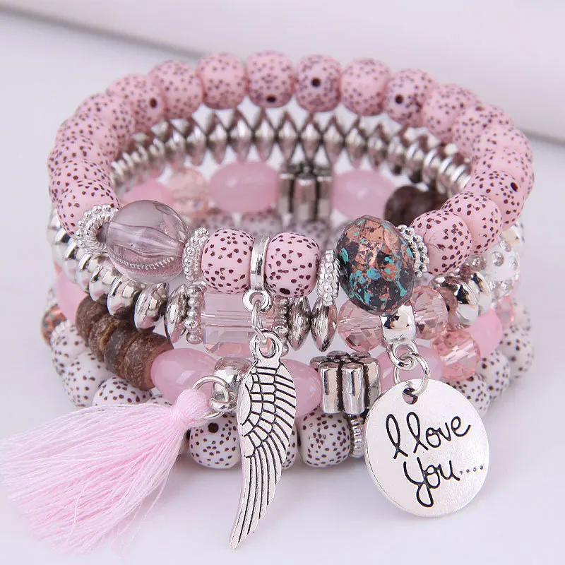 Stone Bead Bracelet Beaded Bracelet Rope Bracelet Crystal Bracelet Bohemian Multicolor Pink Crystal Beads Bracelets Women Girls Elastic Tassel Wing Letters Rope Bracelet Pulseira Feminina