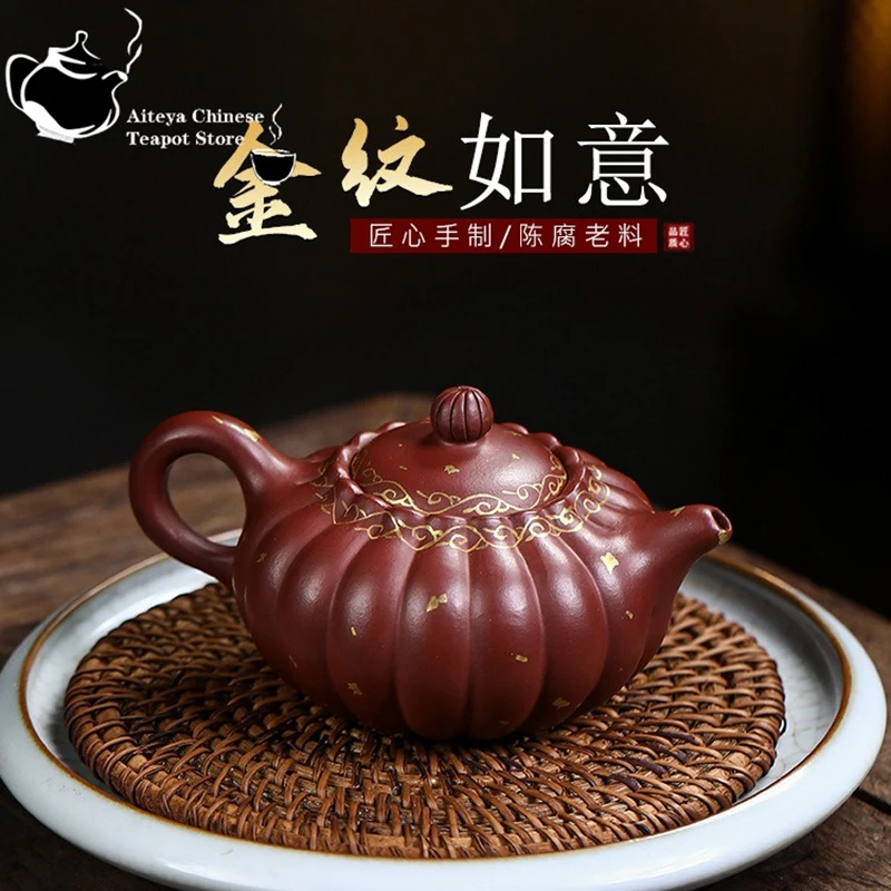 

Горшок из фиолетовой глины ручной работы Yixing-Handmade, песок Крови дракона, золотой узор, чайник Ruyi, чайный сервиз для дома, китайский чайник