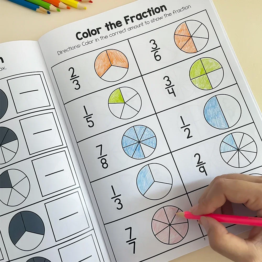 Math Fraction Practice Workbook for Kids - Educational Learning Aids in Basic Fractions (24 Pages)