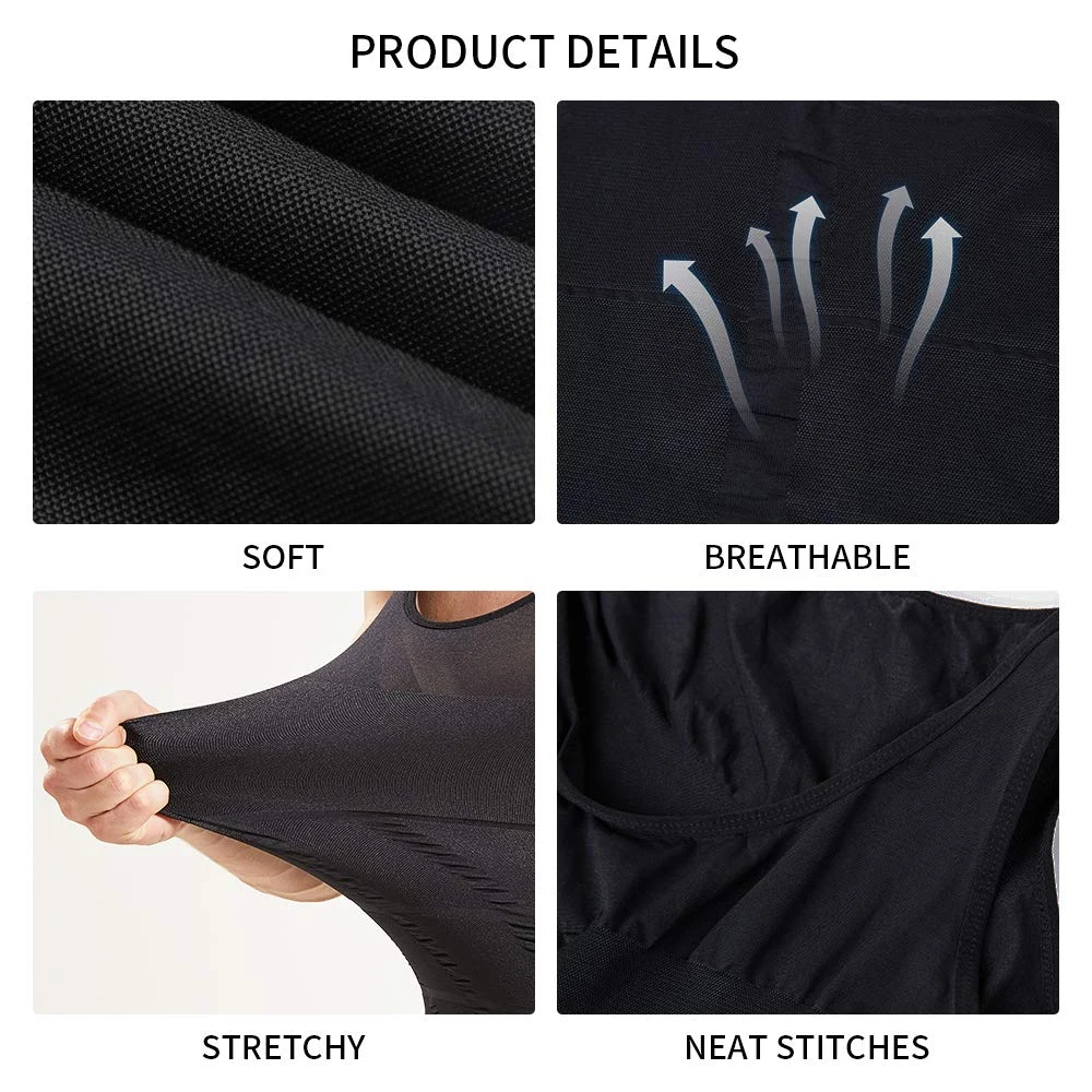 1PC 남성용 복부 압박 언더셔츠, 심리스 슬림 바디 쉐이퍼 셔츠, 바디 쉐이핑을 위한 반팔 운동 탱크탑