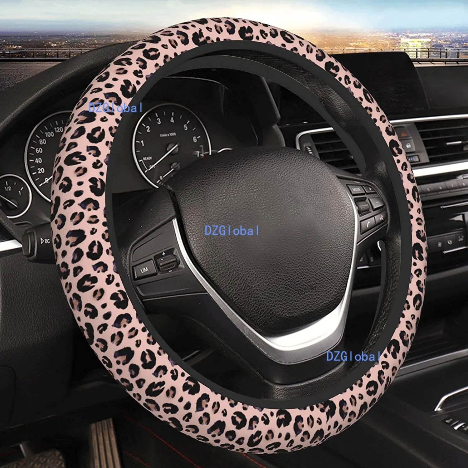 Snow Leopard Steering Wheel Cover Black Gray Beige Watercolor Animal