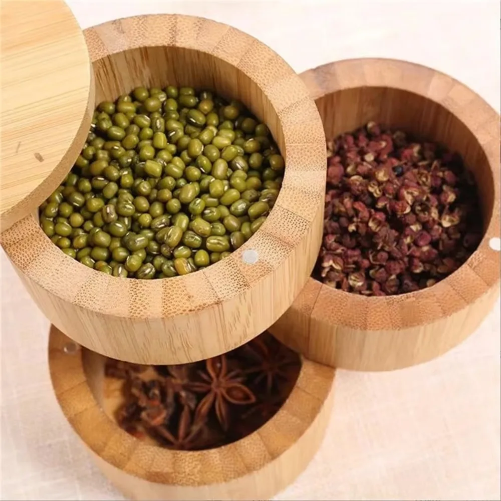 Triple Salt Box Bamboo Salt Shaker Kitchen Supply Large Capacity Kitchen Seasoning Bottle Double Grid Storage Box