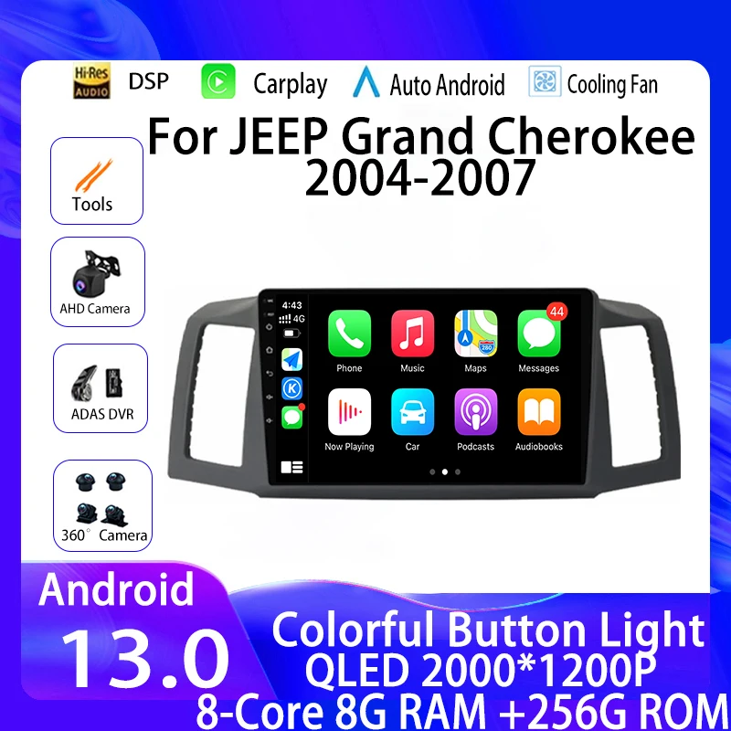 

Android 13 For JEEP Grand Cherokee 2004-2007 LHD Car Radio 4G WIFI Video Player Carplay Auto GPS Navigation No DVDQLED DSP BT