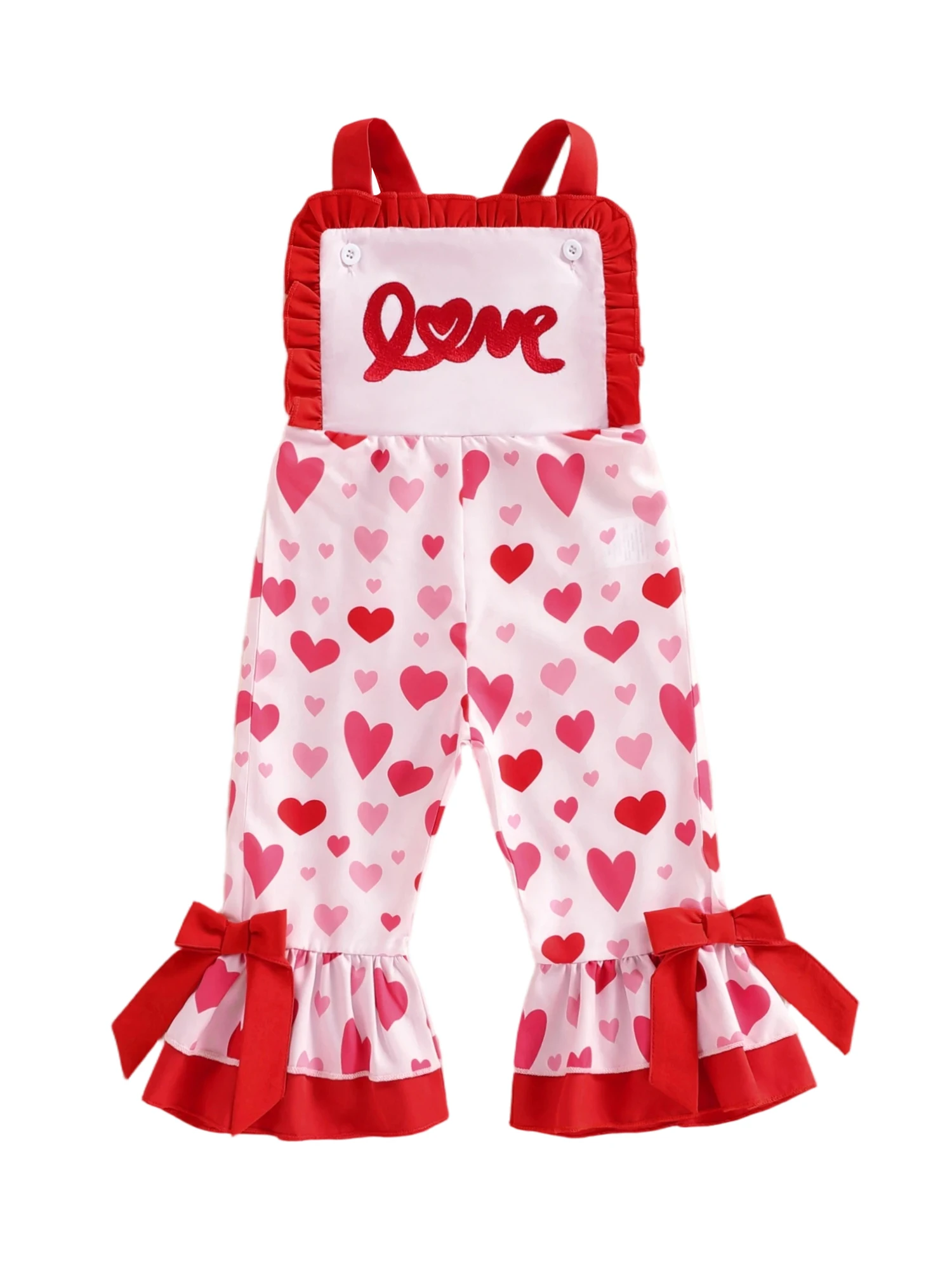 Sweetheart Toddler Girl Valentine s Day Heart Print Sleeveless Overalls with Bow Detail and Flare Pants for Summer and Spring