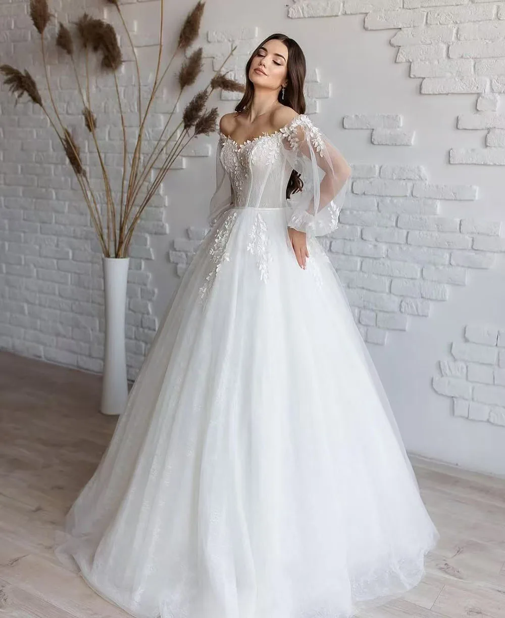A-line Princess Wedding Dresses Brides Puff Sleeve Appliques Lace Bridal Dress Women Off Shoulder Boho Bride Gown Customized 5