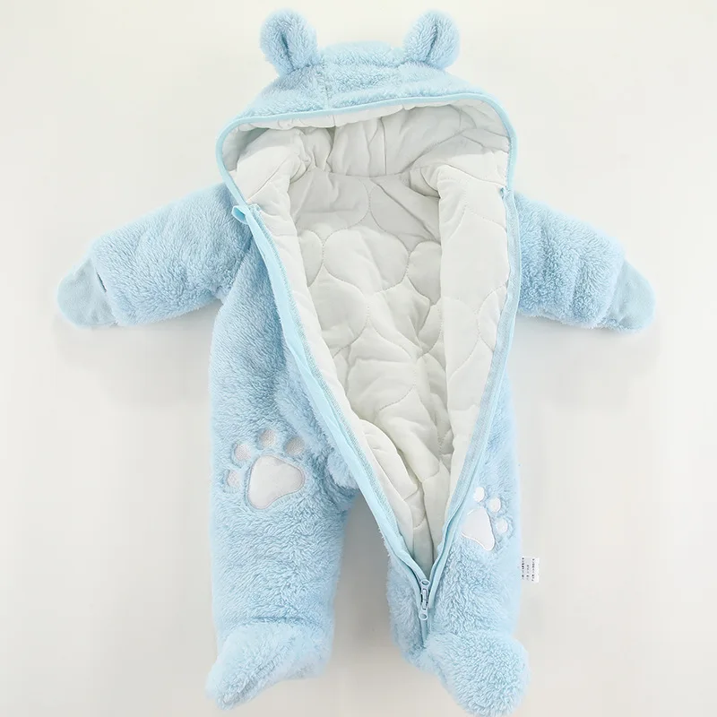 Cute Plush Bear Baby Romper Autumn Winter Keep Warm Hooded Infant Girl Overall Jumpsuit 3 6 9 12 Months Newborn Baby Boy Clothes baby jumpsuit