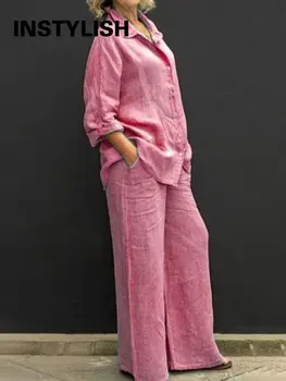 Women Autumn Linen Lapel Shirt Two Pieces Set Vintage Solid Long Sleeve Button Blouse and Loose Straight Pants Casual Suits 1