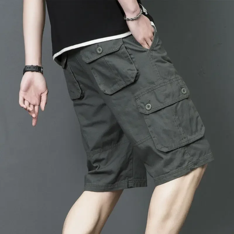 thumbnail image 1 of Pantalones cortos cargo para hombre, pantalones cortos con botones y cremallera para hombre, ropa de trabajo, elegantes pantalones cortos casuales de algodón, nuevos en Harajuku sueltos, 1 of 5