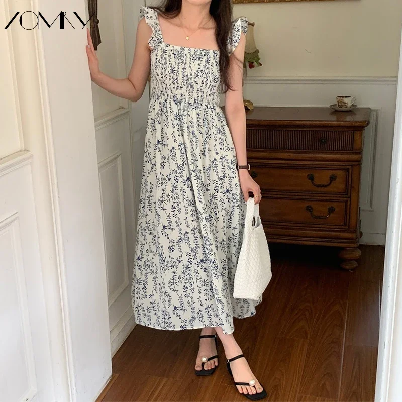

ZOMRY 2023 Summer New Korean Age Reducing Fresh Square Neck Small Flying Sleeve Fragmented Flower Dress Casual Holiday Style