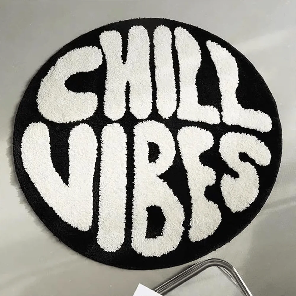 VIKAMA Amerikanische Streetwear-Marke Runder Teppich mit Buchstaben-Design: CHILL VIBES Weicher und hautfreundlicher Wohnzimmer- & Schlafzimmer-Dekor – Detail 4