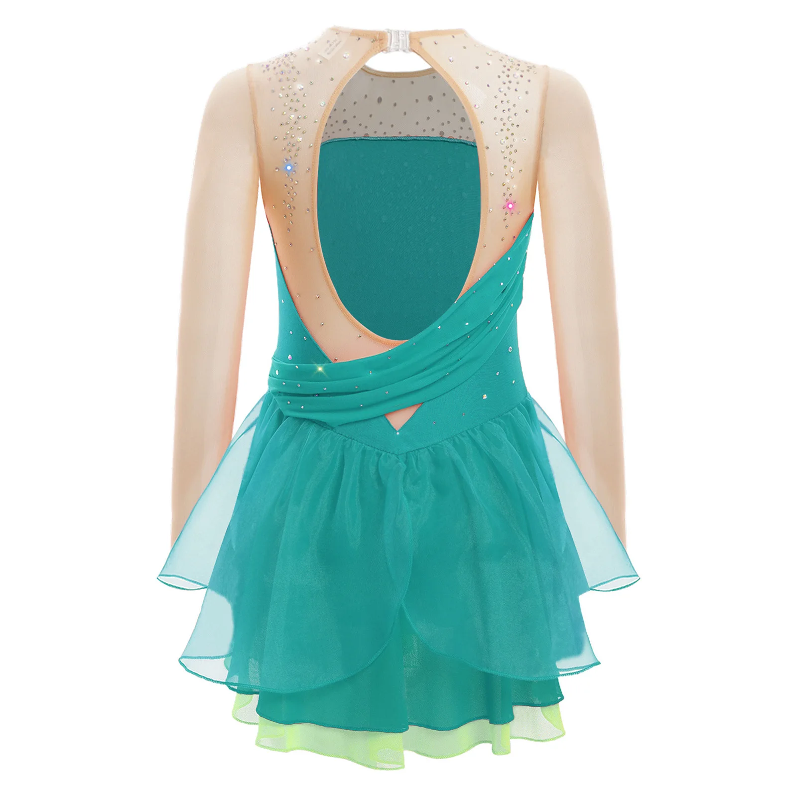 Kinder Mädchen Eiskunstlauf Performance Kostüm Glänzende Strasssteine Lyrisches Tanzkleid Sheer Mesh Long Sleeves Cutout Back Kleider – Detail 17