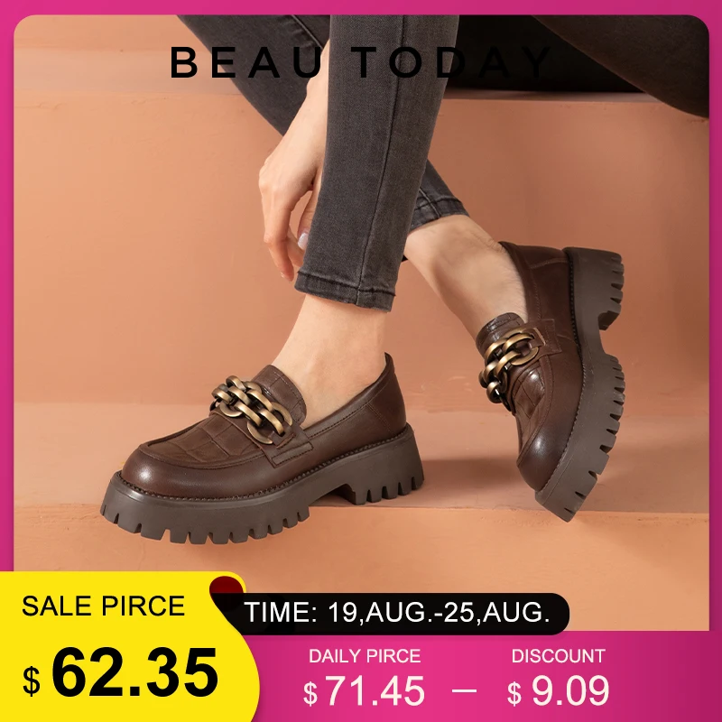 BeauToday Chunky Women's Loafers Genuine Leather Platform Shoes Round Toe Metal Chain Slip on Ladies Ballet Flats Handmade 27748 women shoes,casual shoes,women flats