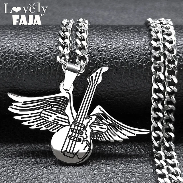 Angel Wings Electric Guitar Punk Necklace for Women Men Stainless Steel Hip Hop Rock Musical Instrument Necklaces Jewelry