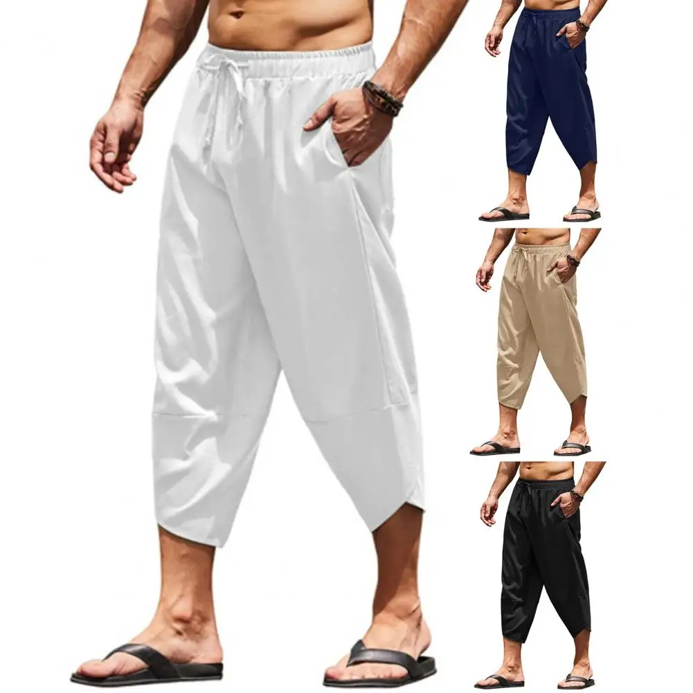 

Mid-rise Elastic Waistband Baggy Pants Drawstring Pockets Thin Men Solid Color Harem Cropped Pants Daily Garment