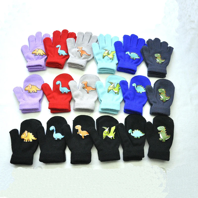1-3Y Children Winter Thicken Plush Warm Gloves Boy Girl Kid Dinosaur Solid Knitted Mittens Outdoor Cycling Skiing Gloves