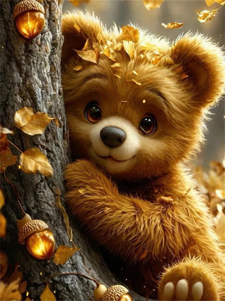 Het ontwerp: een bruin beertje dat om een boomstam kijkt, tussen gouden herfstbladeren en eikels
