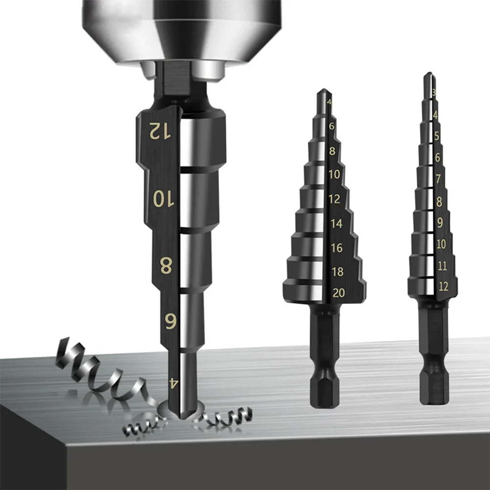 

Replacement Garden Step Drill Bit Electric Drill Practical 3 Sided Shanks Design Black HSS Steel Heat Treated Nitrogen Coated