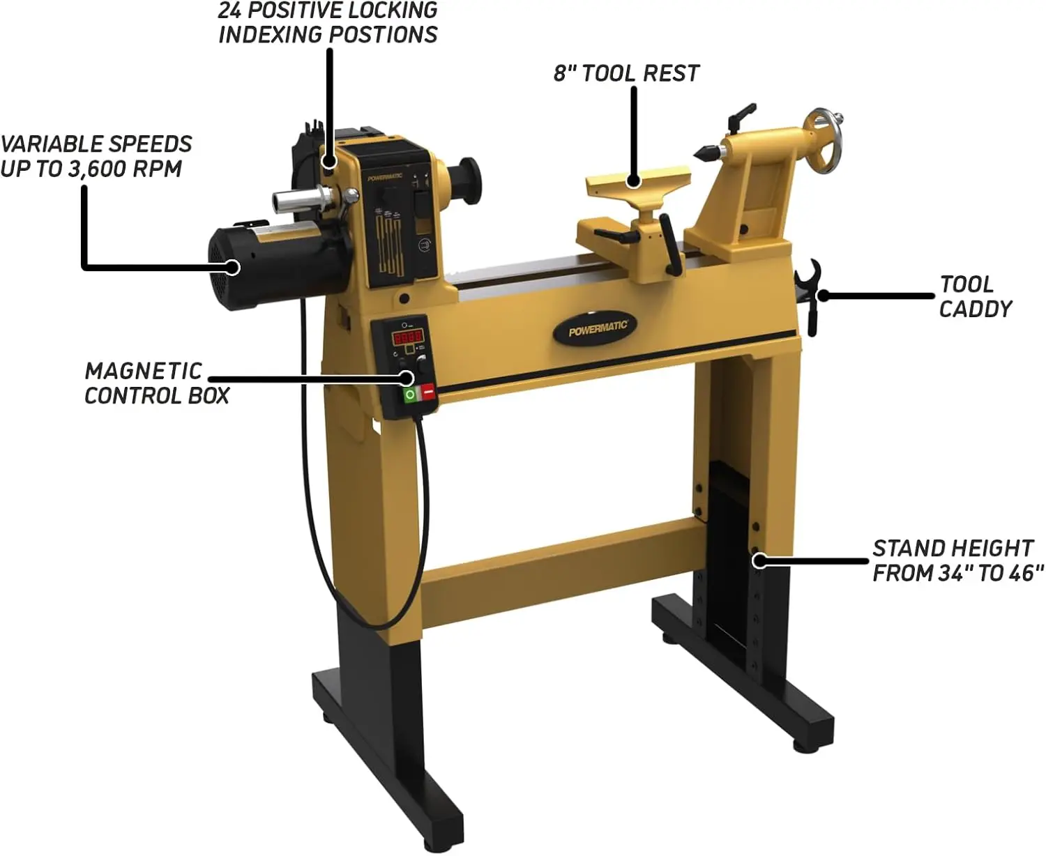 14" X 20"Woodworking Lathe with Stand 1 HP 120V 1PhCast Iron Bed Reduces Motor Vibration for Decreased Noise and Added Precision
