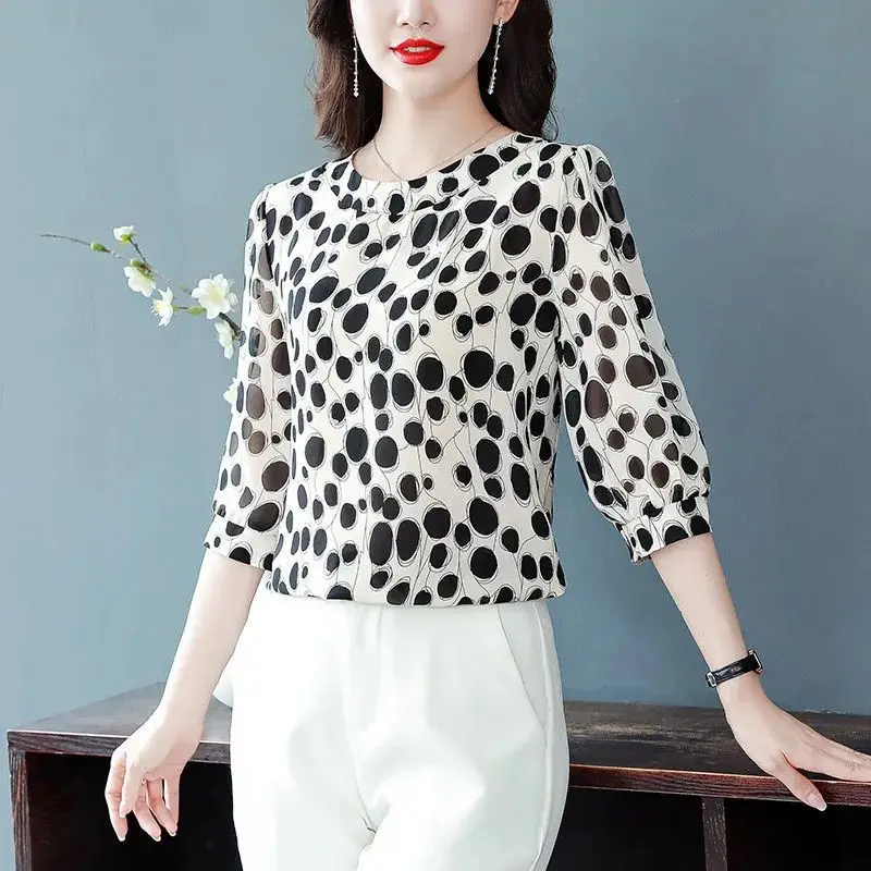 Summer New Round Neck Half Sleeve T-shirt Women Fashion Polka Dot Printing Loose Pullovers Korean Style Thin Style Ladies Tees