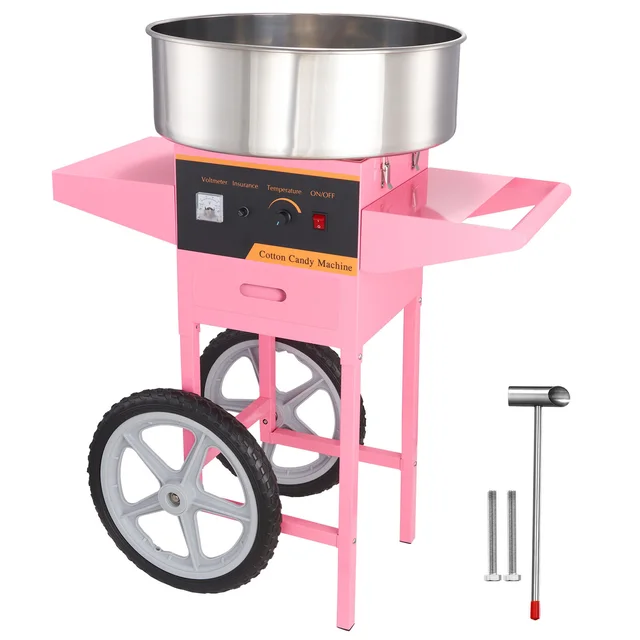 SucceBuy Electric Cotton Candy Machine with Cart 1000W Commercial Floss Maker with Stainless Steel Bowl Sugar Scoop and Drawer