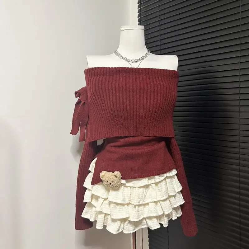 thumbnail image 1 of Hikigawa Otoño Invierno Moda Coreana Navidad Sexy Fuera del Hombro Suéteres de Mujer Lazo Patchwork Y2k Suéteres de Punto Delgados Tops, 1 of 5