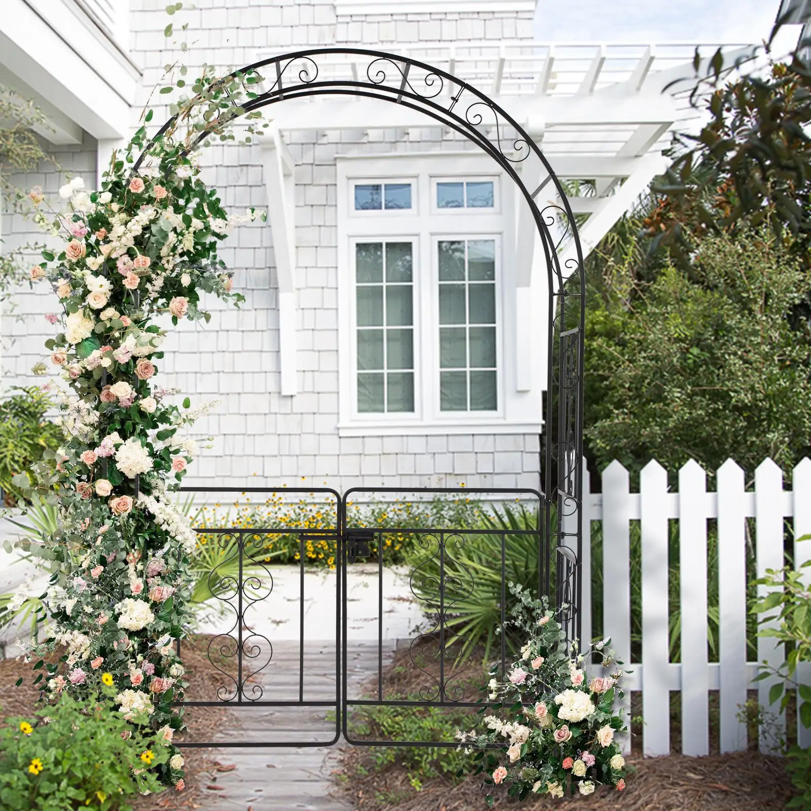 134.5x58.5x213cm Double Layer Arc Roof Iron Arch Door - Black Wrought Iron Courtyard Decoration 3