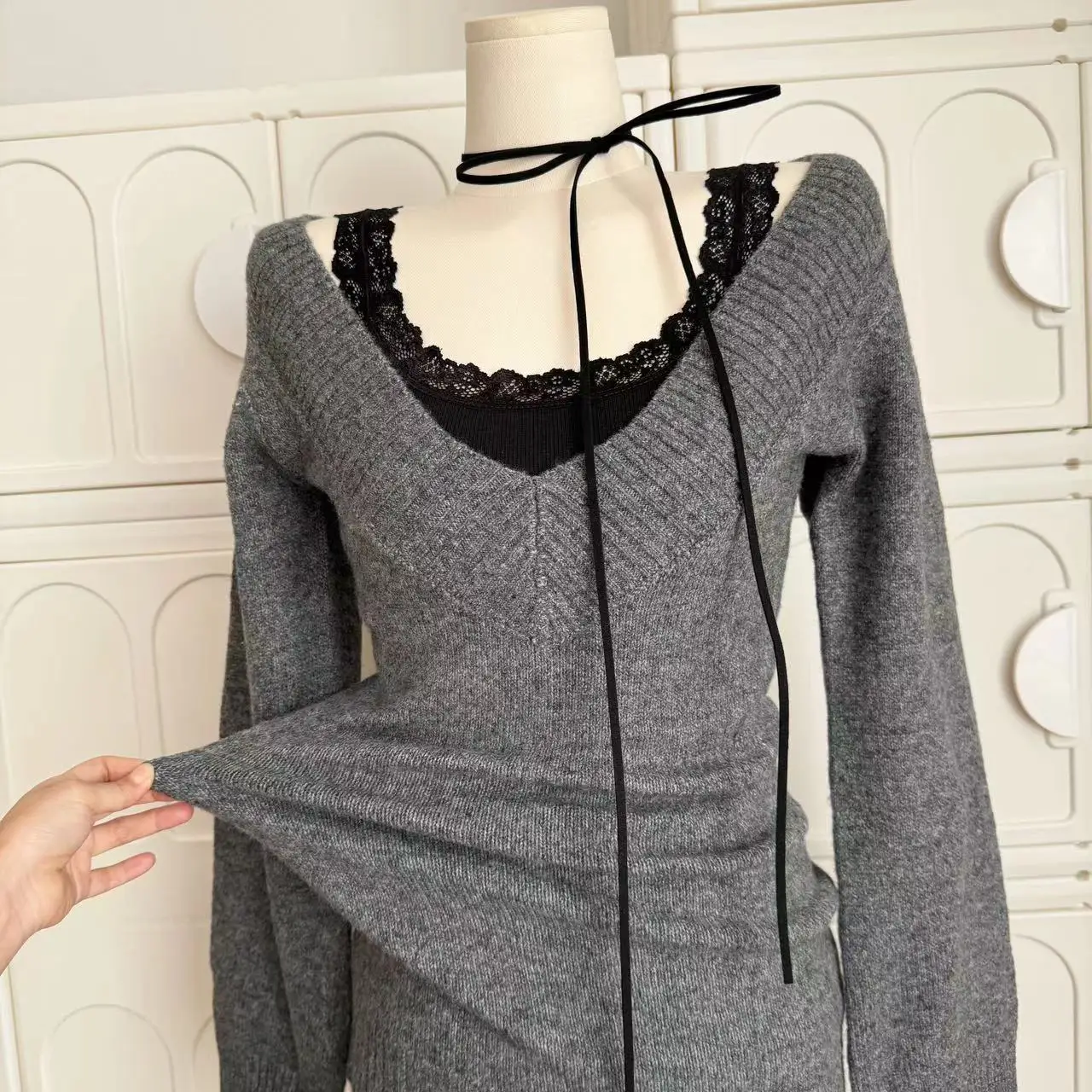 Autumn Winter Woman Gyaru V-neck French Vintage Sweater Long Sleeve Pullover Knitwear Mini Skirt 2000s Aesthetic 3-piece Outfits