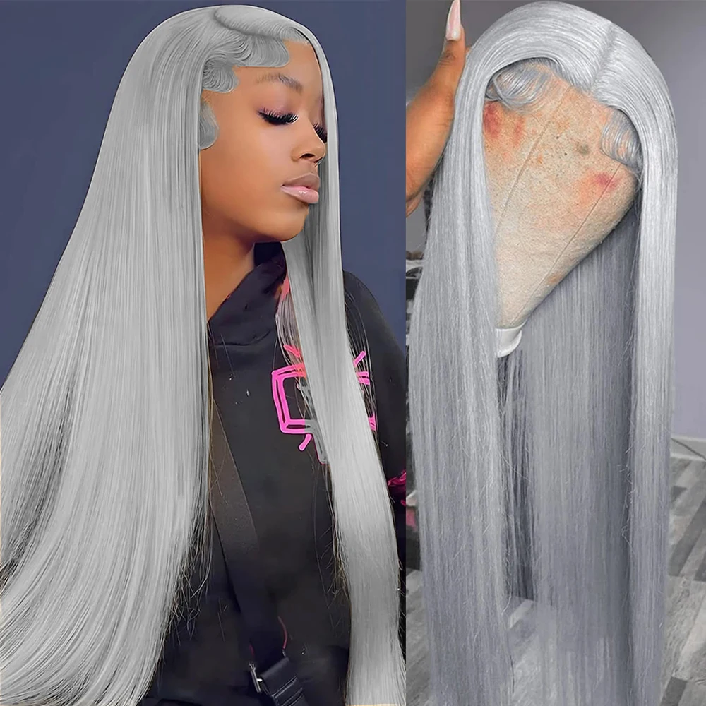 

13x4 Lace Frontal Wig Colored Straight Human Hair Wigs Silver Gray HD Preplucked Lace Front Human Hair Wig Ash Blonde Wigs